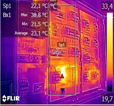 Infrared scanning performed on an electrical DB board to detect hotspots.