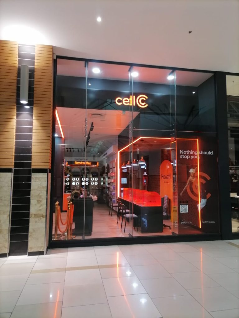 Exterior view of Cell C Zevenwacht Mall retail store with new electrical and lighting installations.